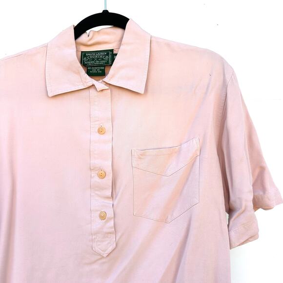 Vintage Ralph Lauren Country Popover Polo T-Shirt Rayon Pink Hong Kong Medium - Picture 4 of 7